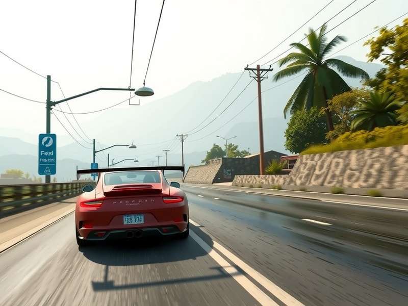 CarX Street PS5 ट्रेलर से एक दृश्य - एक स्पोर्ट्स कार रात के शहर में स्पीड करते हुए