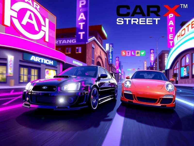 CarX Street gameplay screenshot showing a customized car drifting at night