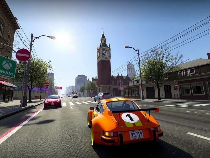 CarX Street Xbox gameplay screenshot showing a sports car drifting through neon-lit city streets at night